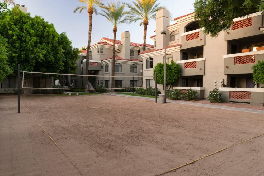 A sand volleyball pit for residents at San Marin at the Civic Center in Scottsdale, Arizona