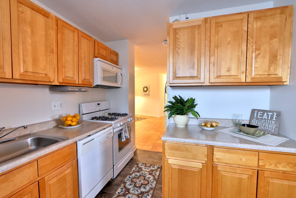 Fully equipped kitchen with a built-in microwave at The Carlyle Apartments in Baltimore, Maryland