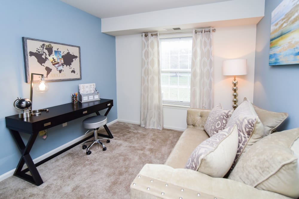 Bedroom converted into a home office at Abrams Run Apartment Homes in King of Prussia, Pennsylvania