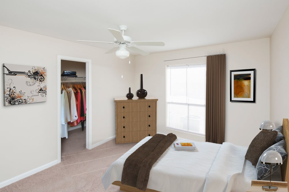 furnished model bedroom at Morgan Bay in Houston, Texas