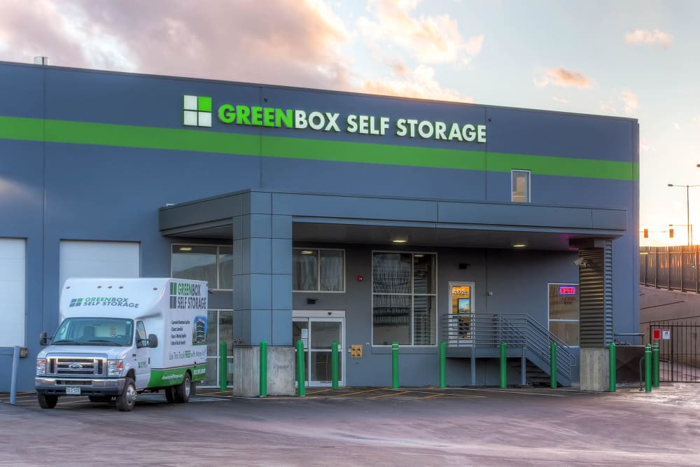 Side exterior view of Greenbox Self Storage in Denver, Colorado