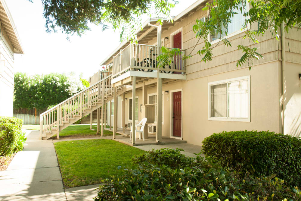 Exterior of apartments at Sunset Village in West Sacramento, California