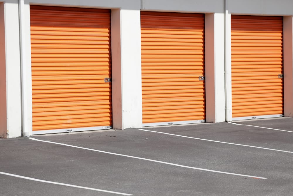 Orange garage doors at Monster Self Storage in Savannah, Georgia