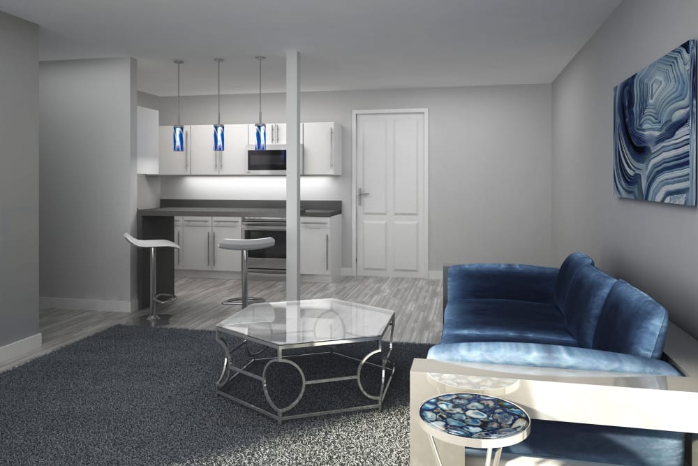 Render of a modern living room at Cove West Hartford in West Hartford, Connecticut