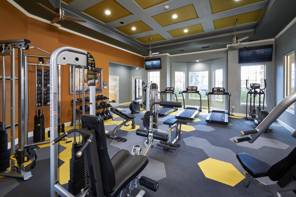 Clean, modern community gym at Legend Oaks Apartments in Aurora, Colorado