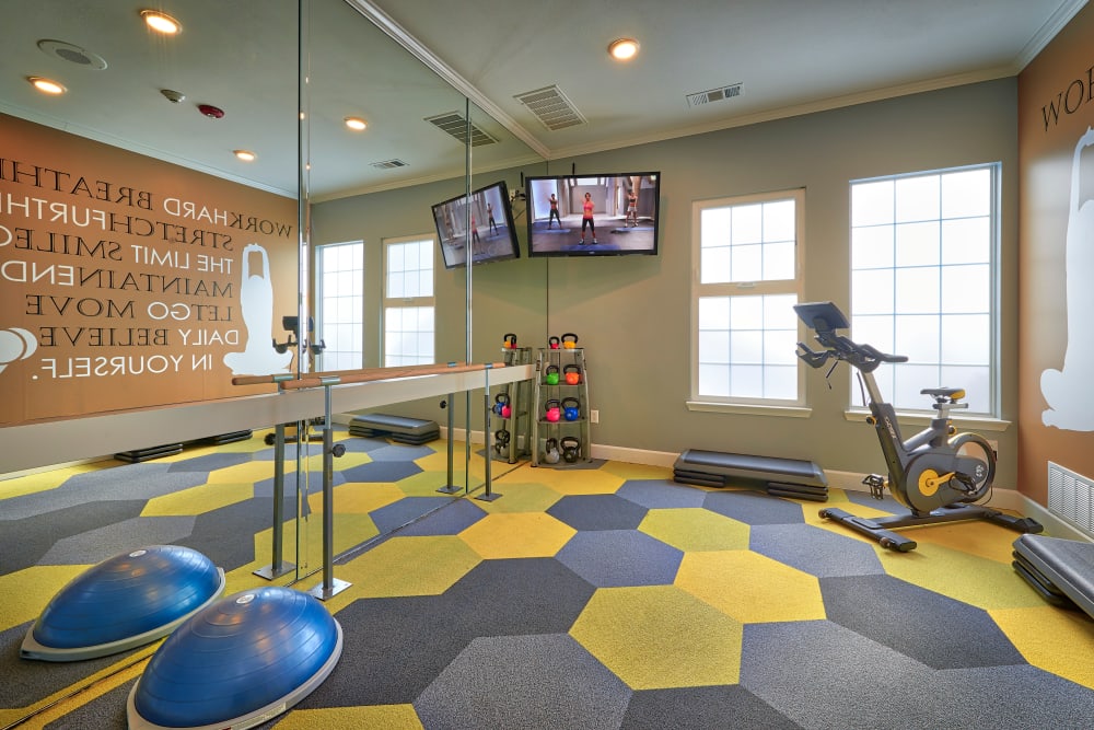 A quiet room for yoga and pilates at Legend Oaks Apartments in Aurora, Colorado