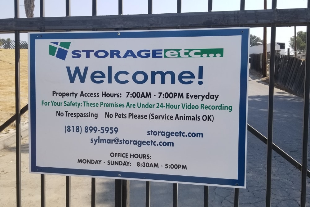 Welcome sign at Storage Etc... Sylmar