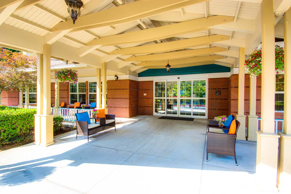 Covered lounging area at Bridgeport Place Assisted Living in University Place, Washington.