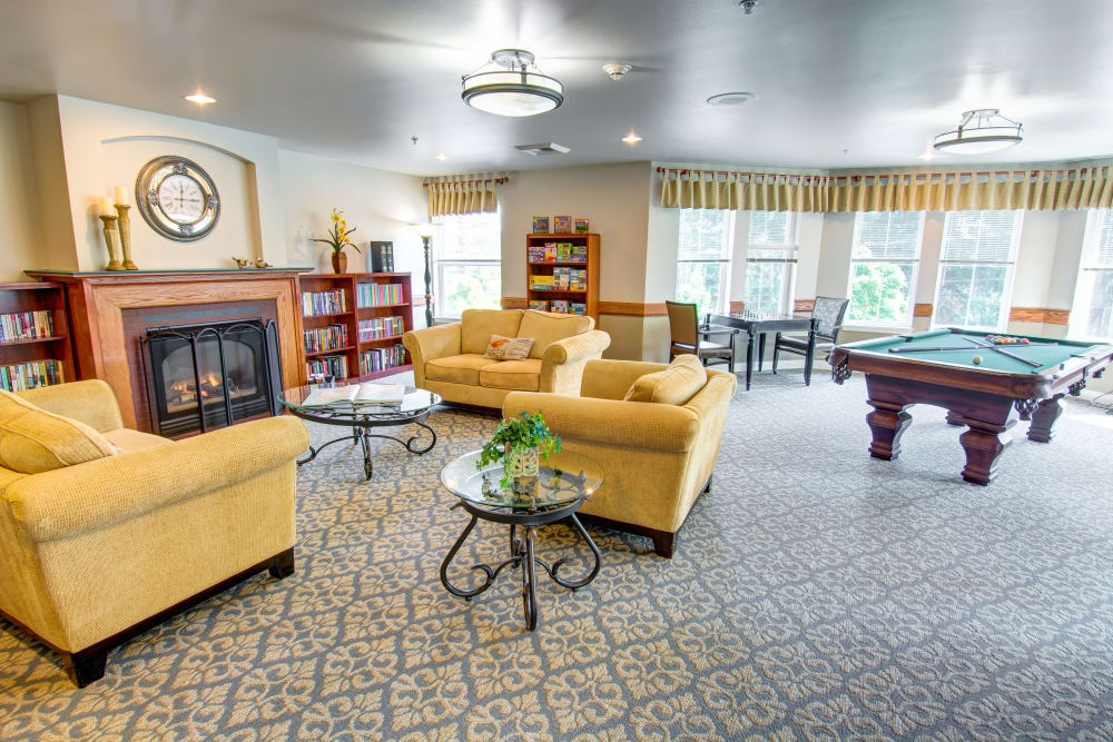 Spacious resident lounge area at Bridgeport Place Assisted Living in University Place, Washington.