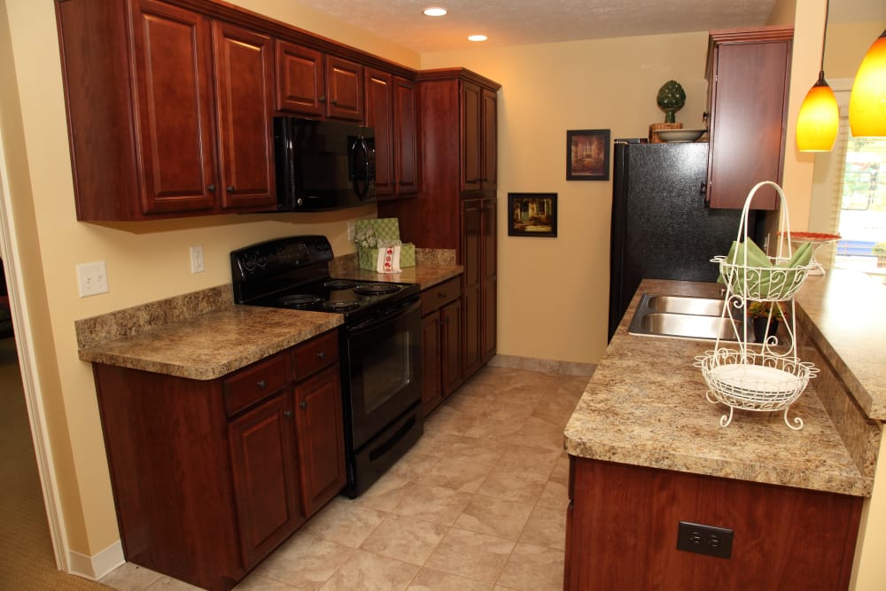 A beautiful villa kitchen at Bethany Pointe Health Campus in Anderson, Indiana