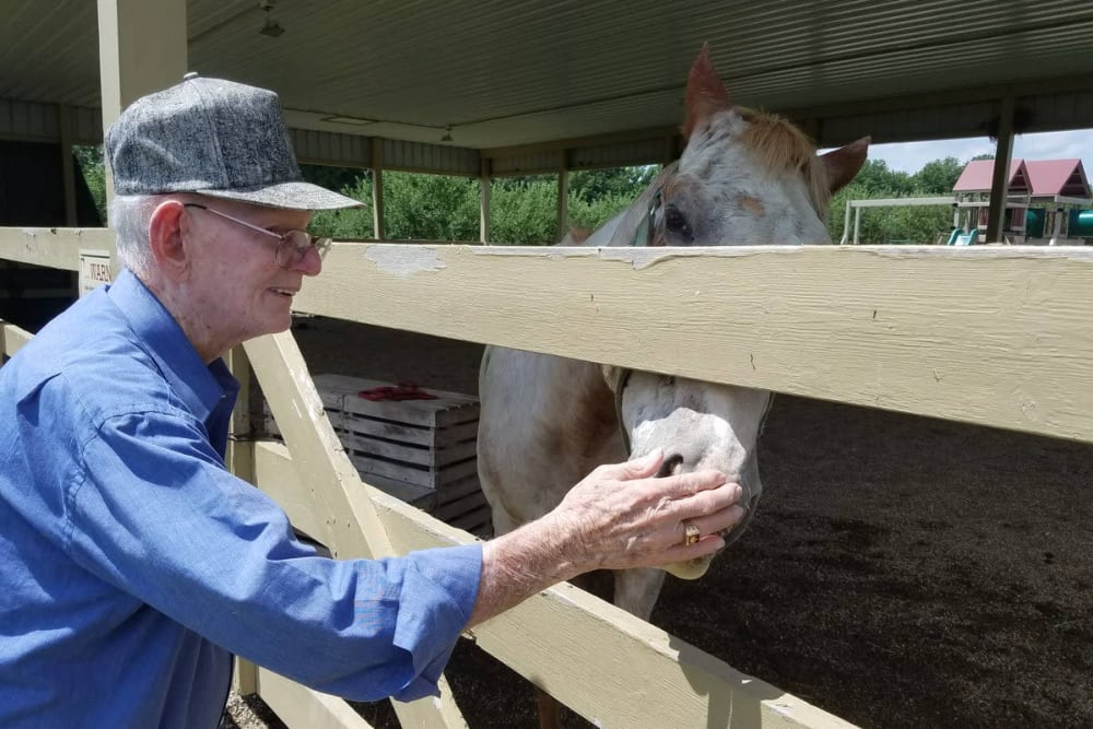 A happy resident petting a horse at Waterford Place Health Campus in Kokomo, Indiana