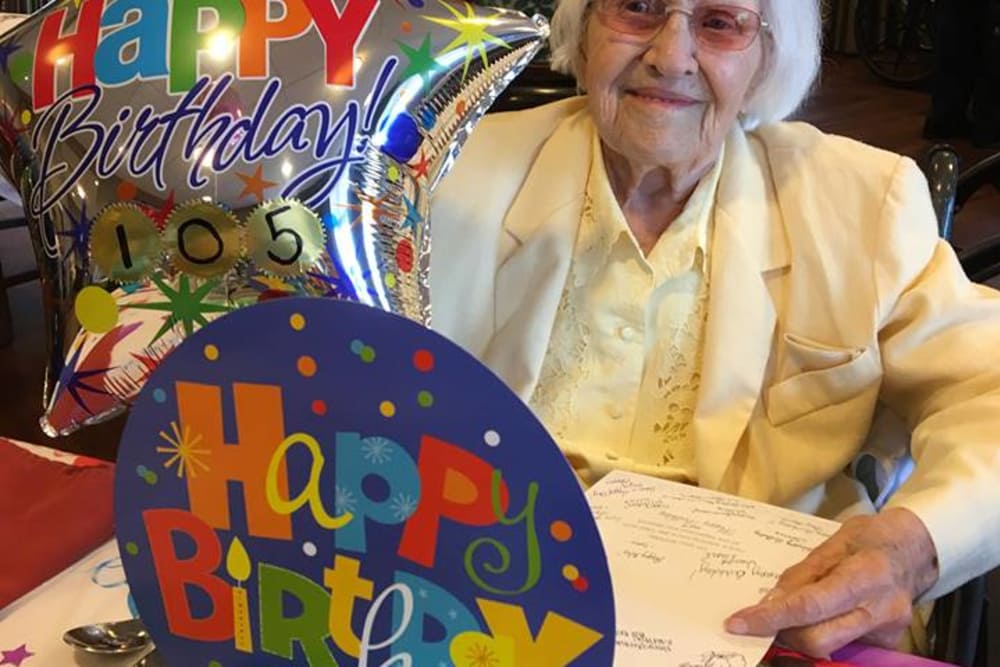 A happy resident celebrating her birthday at Wellbrooke of Avon in Indianapolis, Indiana