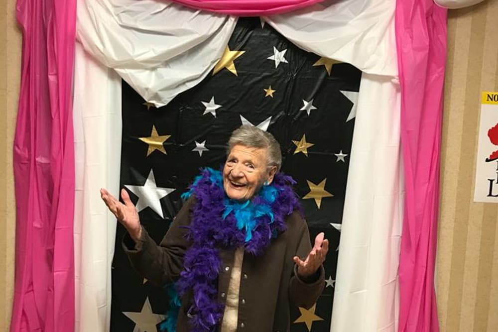 A resident posing for a photo at Amber Manor Care Center in Petersburg, Indiana