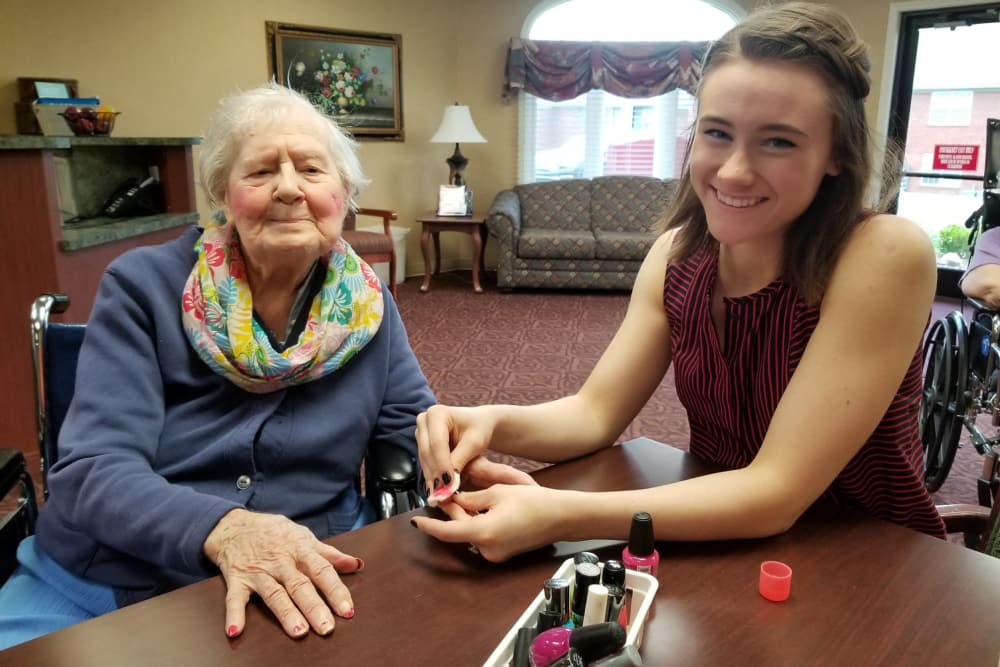 A resident getting her nails painted at Autumn Woods Health Campus in New Albany, Indiana