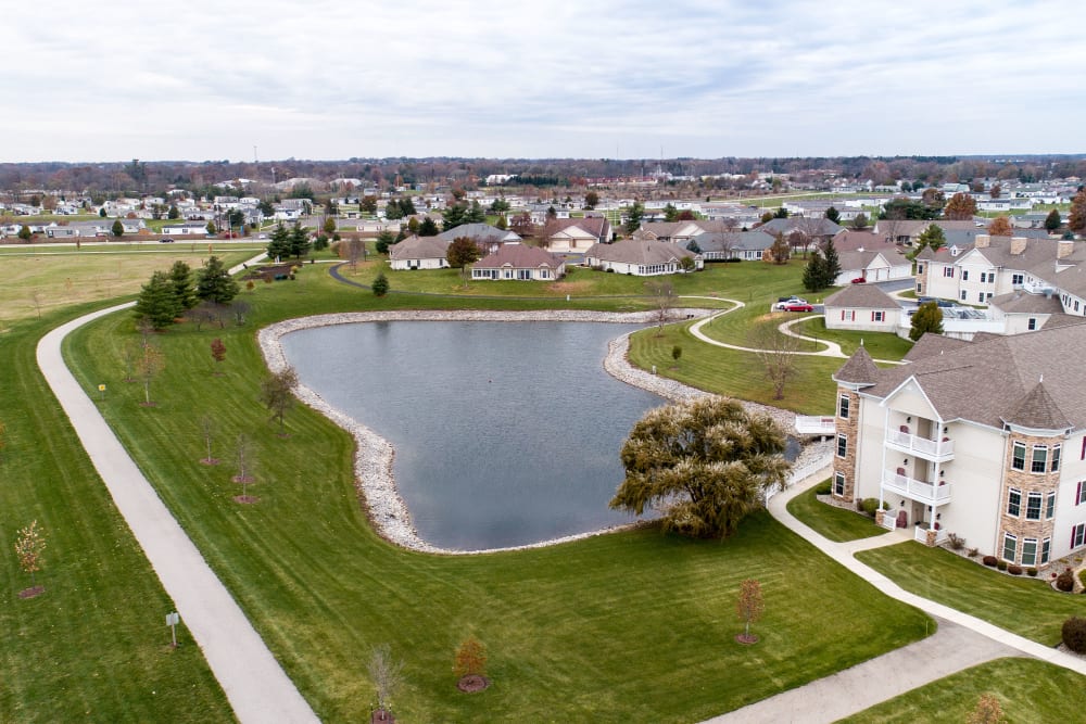 Aerial view of facility with pond at Waterford Crossing in Goshen, Indiana