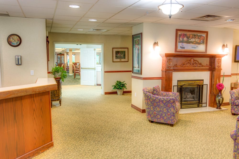 Lobby with fireplace at Cascade Valley Senior Living in Arlington, Washington.