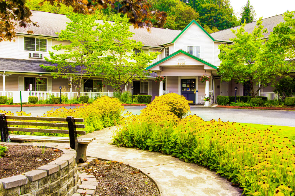 Front entrance to Cascade Valley Senior Living in Arlington, Washington.
