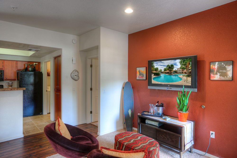 Beautiful open-concept floor plan with hardwood floors in model home at San Marbeya in Tempe, Arizona