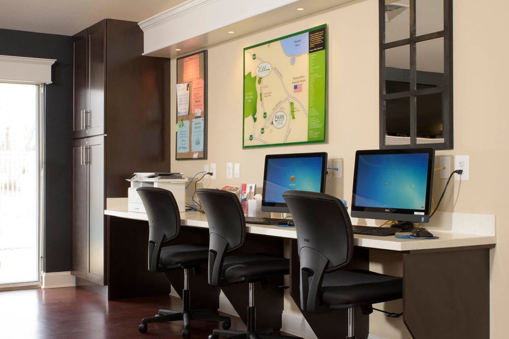 A business center nook in the clubhouse at Villas at Greenview West in Great Mills, Maryland