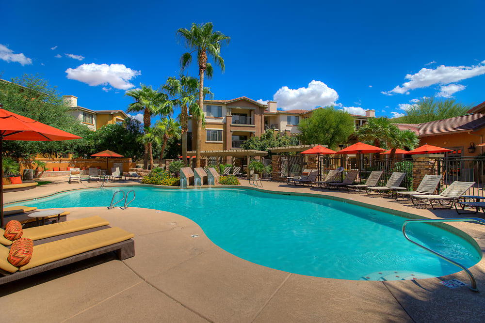 Beautiful swimming pool on a sunny day at Borrego at Spectrum in Gilbert, Arizona
