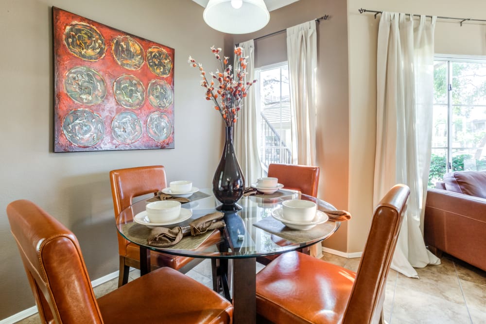 Well-decorated dining area in a model home at Finisterra in Tempe, Arizona