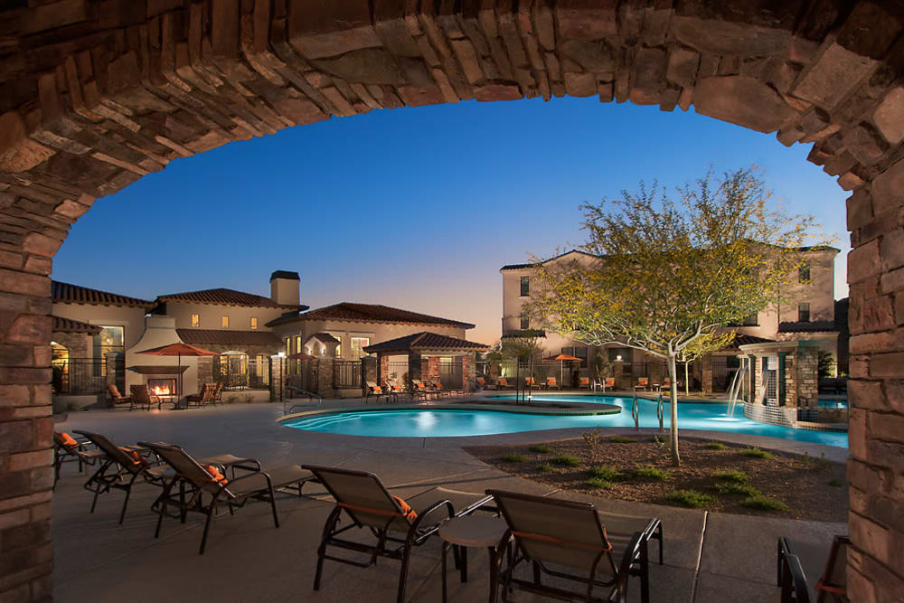 Beautiful swimming pool at dusk at San Norterra in Phoenix, Arizona