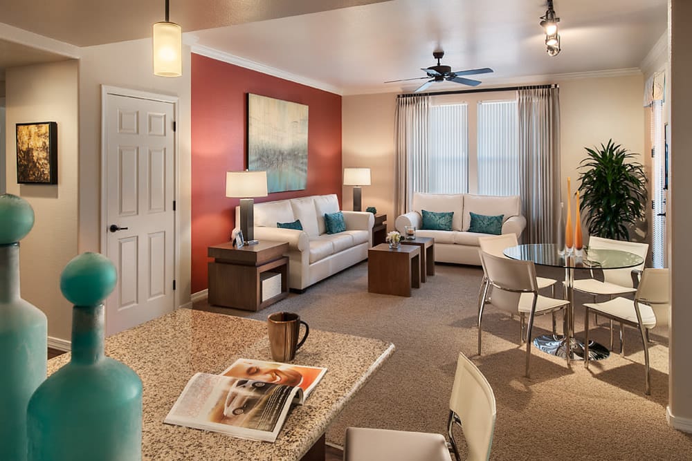 Modern decor in living area of model home at San Norterra in Phoenix, Arizona