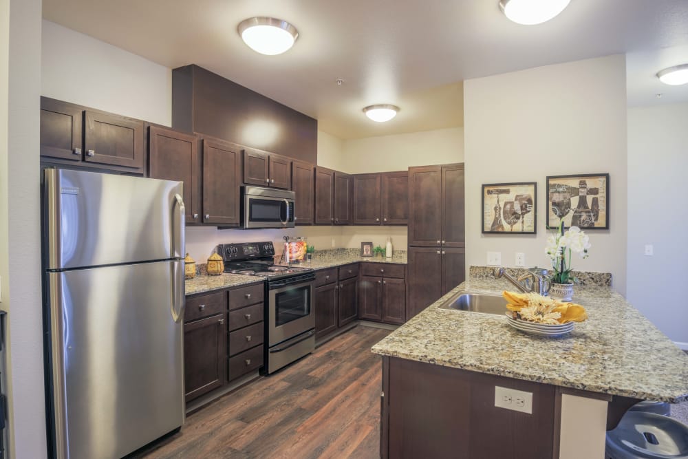 fully equipped kitchen at Keizer Station Apartments in Keizer, Oregon