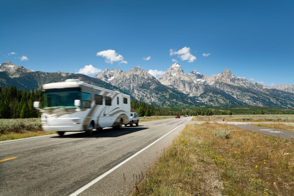 RV on highway near Summit Self-Storage in Driggs, Idaho