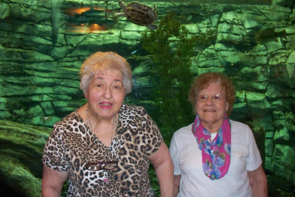 Residents standing in front of a rock wall for a picture at Heritage Hill Senior Community in Weatherly, Pennsylvania