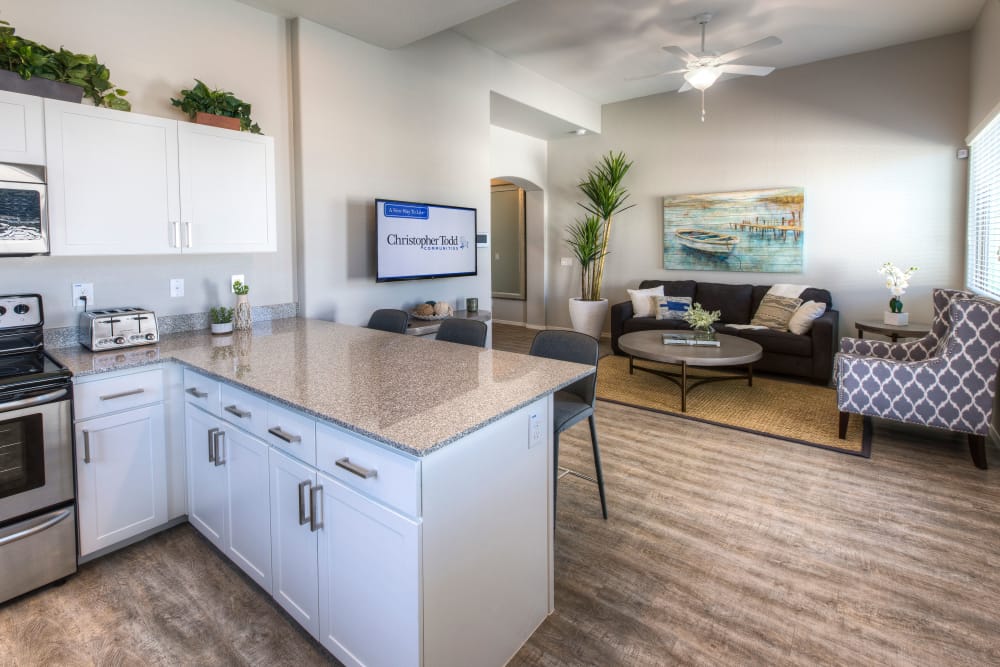 Modern kitchen with granite countertops in model home at Christopher Todd Communities at Country Place in Tolleson, Arizona