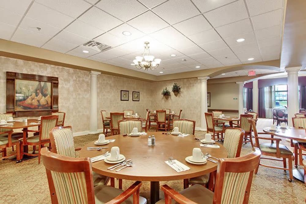 Dining room on the first floor of Keystone Villa at Douglassville in Douglassville, Pennsylvania