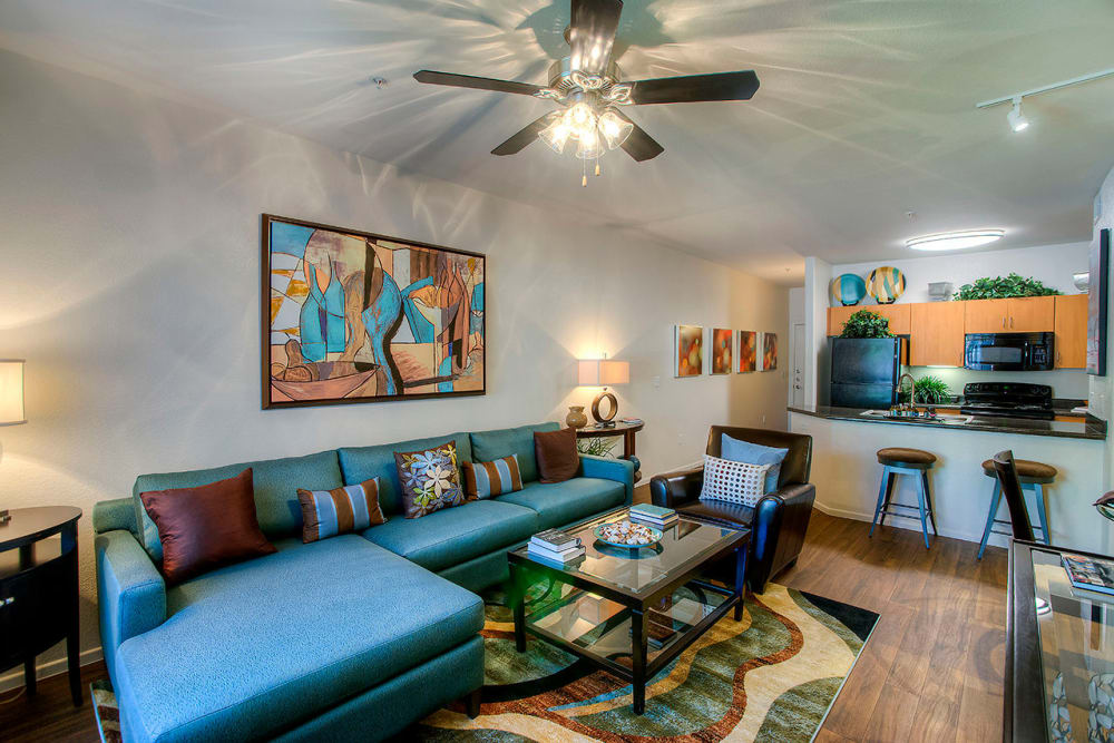 Modern decor in living area of model home at Park on Bell in Phoenix, Arizona
