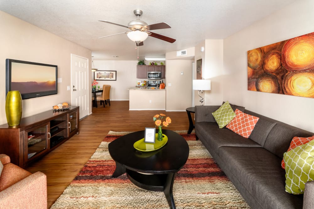 Living room with view of kitchen at The Palisades at Paradise Valley Mall