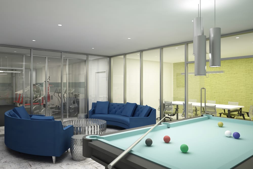 Recreation room with modern billiards table at Element 250 in Hartford, Connecticut