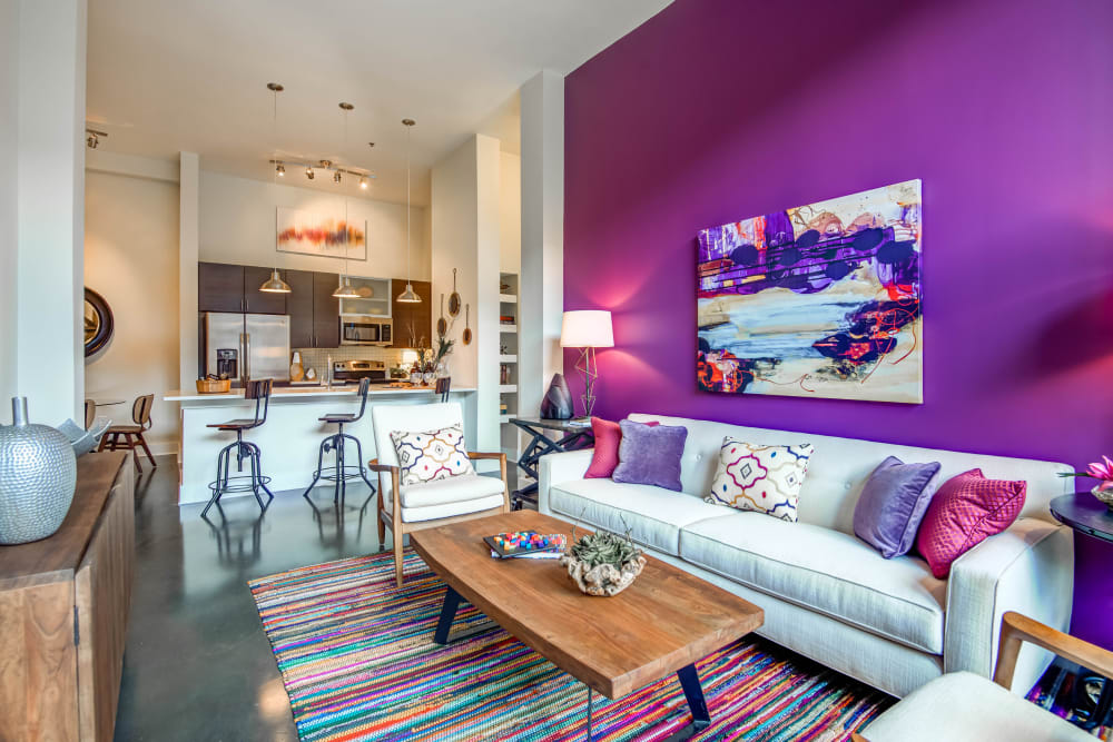 Colorful living room at Mercury NoDa in Charlotte, North Carolina