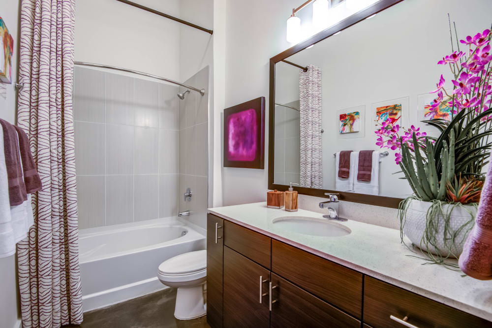 Bathroom with granite countertops at Mercury NoDa in Charlotte, North Carolina