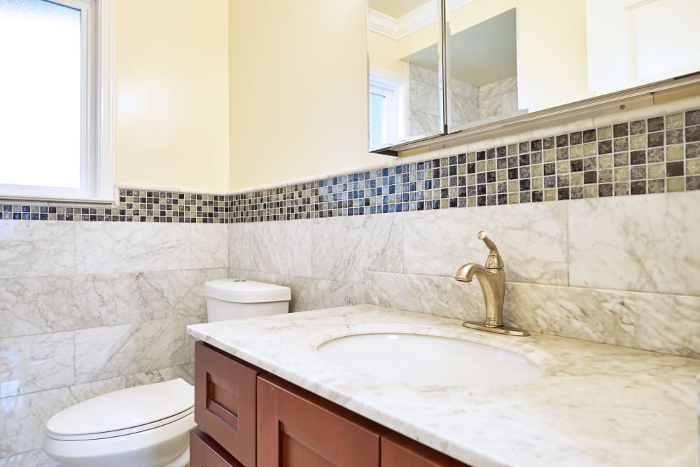 Bathroom with marbled counters at Palmetto at Tiburon View in Tiburon, California