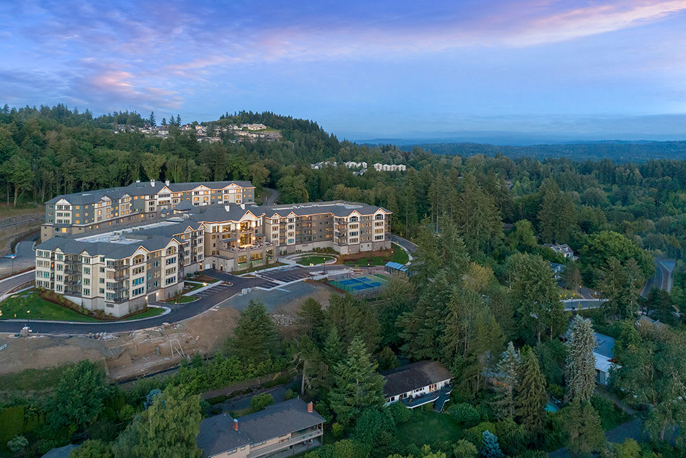 An aerial view of Touchmark in the West Hills in Portland, Oregon and the surrounding area