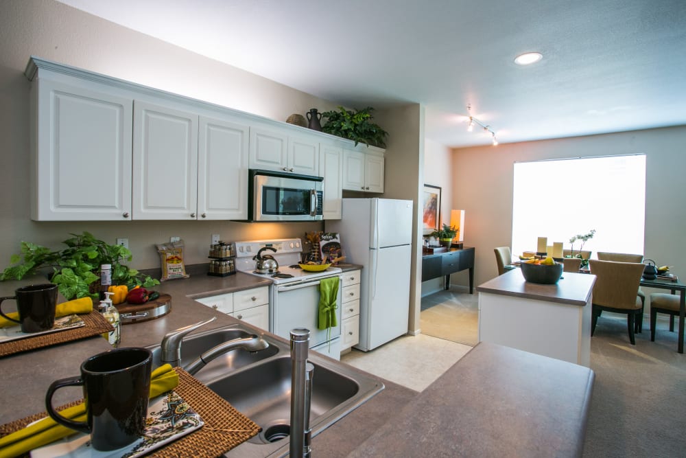 Kitchen with stainless steel appliances at The Colonnade Luxury Townhome Rentals in Hillsboro, Oregon