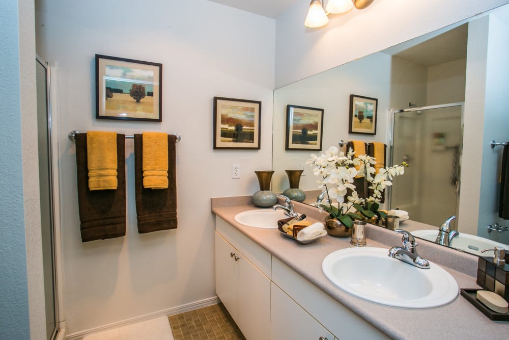 Well lit bathroom at The Colonnade Luxury Townhome Rentals in Hillsboro, Oregon