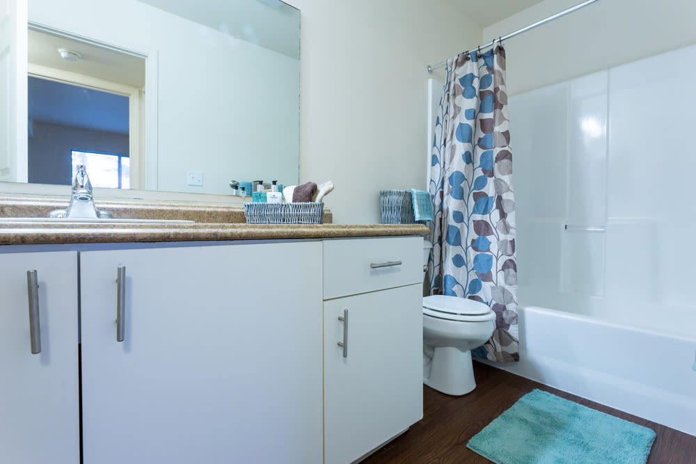 Bathroom model with blue accents at Waters Edge Apartments in Lansing, Michigan