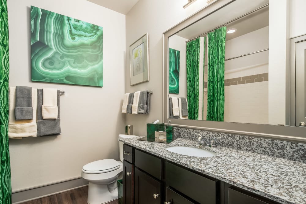 Bathroom with green accents at Sorrel Phillips Creek Ranch in Frisco, Texas