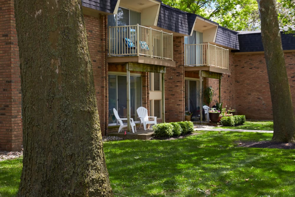 Peaceful apartment patios and balconies at Kensington Manor Apartments in Farmington, Michigan