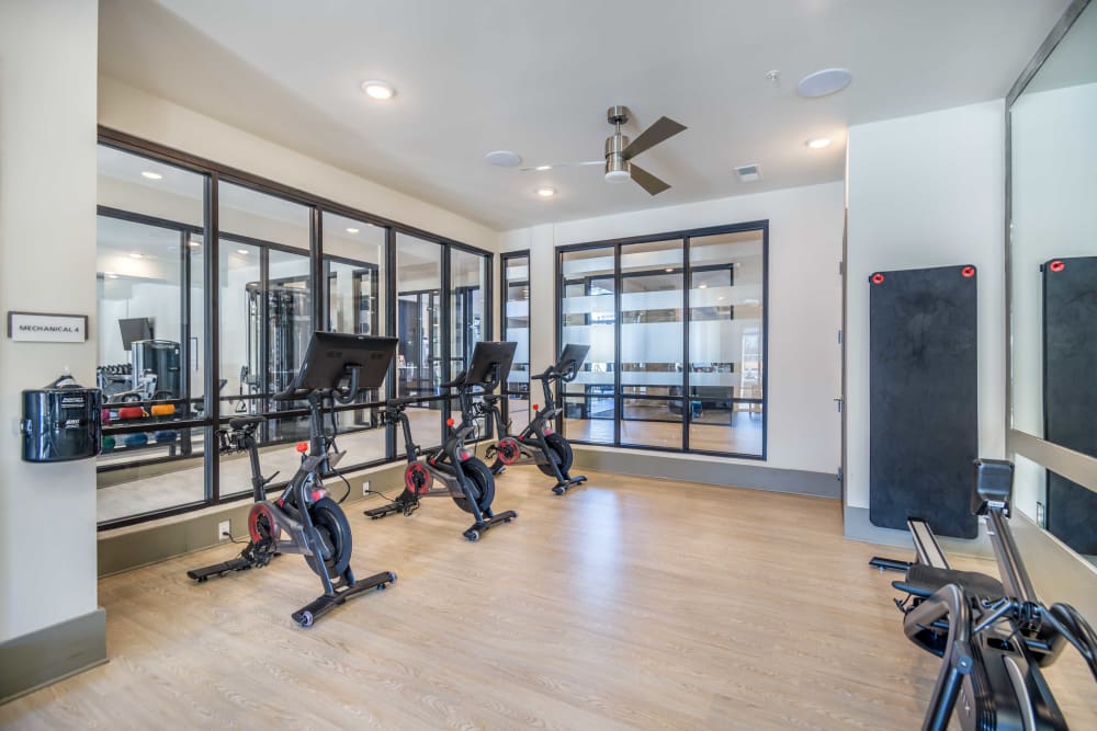 Bright fitness center at Leigh House in Raleigh, North Carolina