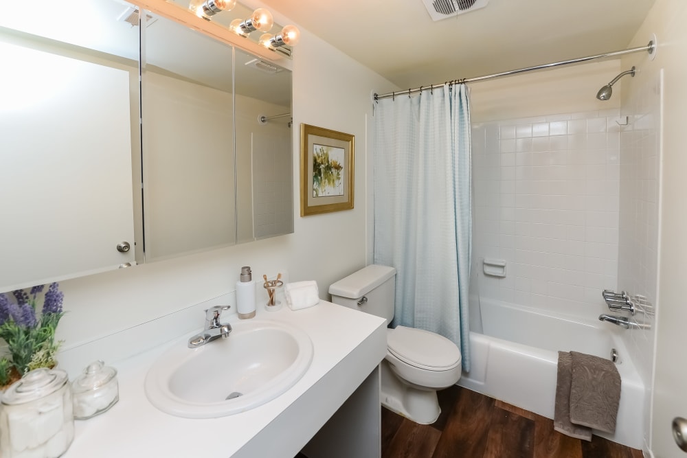 Bathroom with wood-style flooring and shower/tub combination at Forge Gate Apartment Homes in Lansdale, Pennsylvania