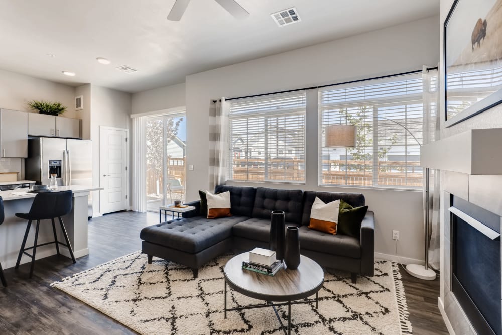 Living room fireplace at Avilla Buffalo Run in Commerce City, Colorado