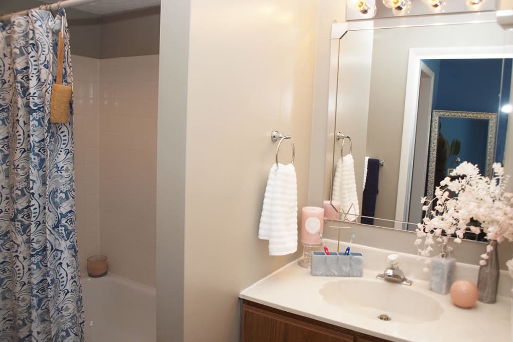 Bathroom with shower at Fox Chase Apartments in Cincinnati, Ohio