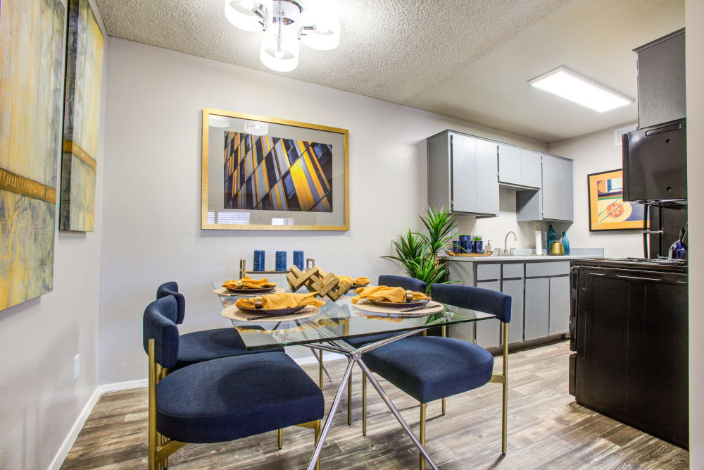 Beautiful model kitchen and dining room at Elevation Apartments in Tucson, Arizona