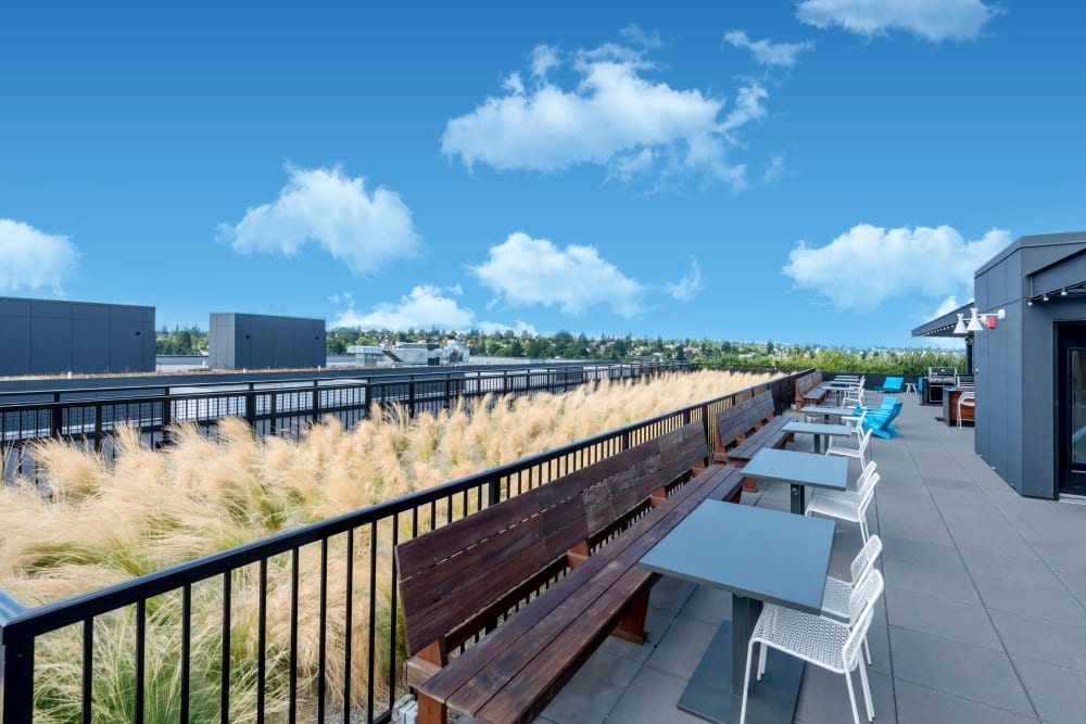 Blue sky and clouds above the rooftop sitting area at Rooster Apartments in Seattle, Washington